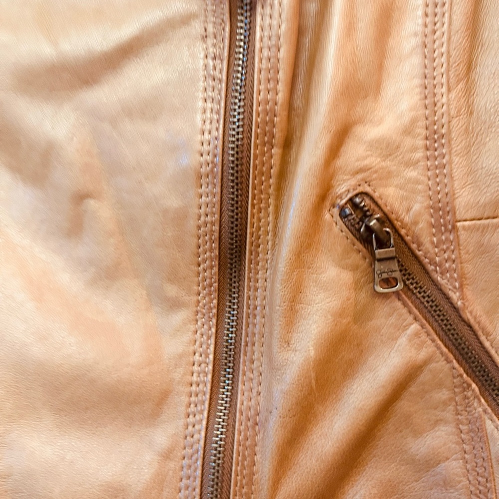 Jessica Simpson Camel 100% Leather Moto Jacket • Size M • Asym Zip - Picture 8 of 9